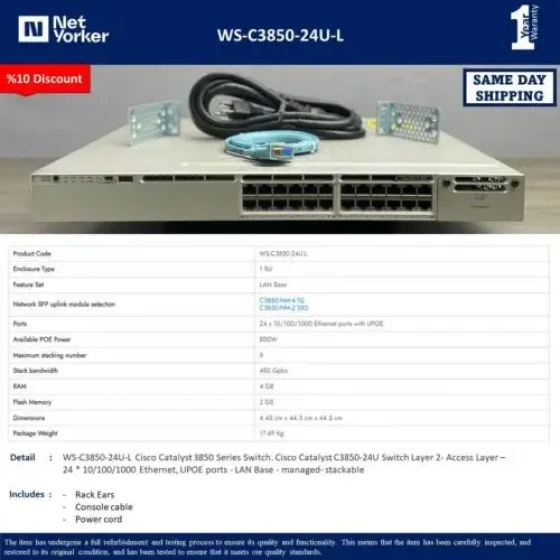 Cisco Ws-C3850-24U-L Conmutador Upoe Ethernet de 24 puertos - Ping el mismo día