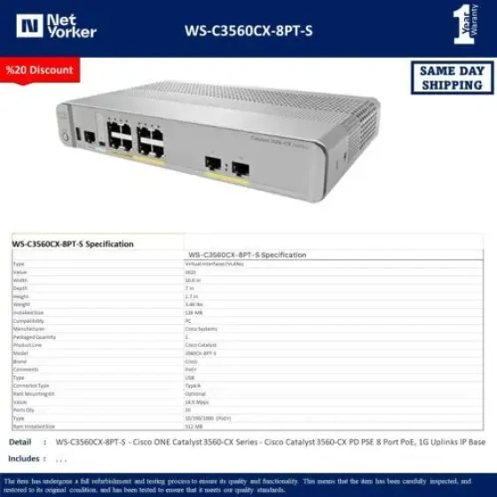 Cisco Catalyst Ws-C3560Cx-8Pt-S 3560Cx Series 8 Ge Poe+ Ip Base Switch-Fast