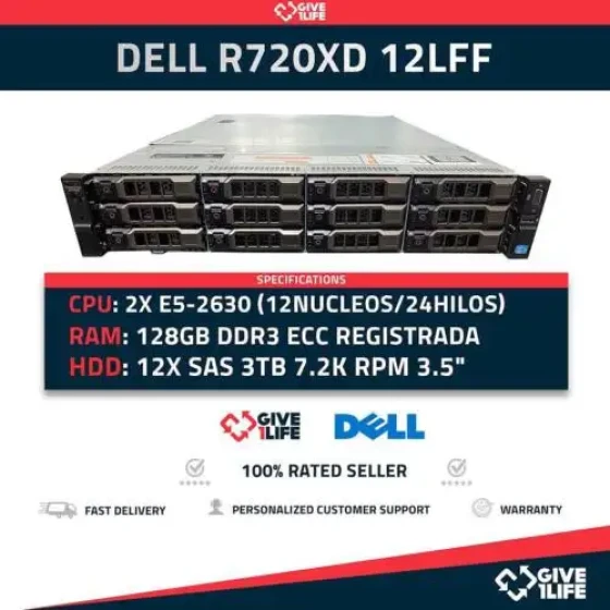 Dell Poweredge R720Xd 12Lff 2Xe5-2630+128Gb+12X3Tb+12Caddy 6Hgv2 Rack Server-