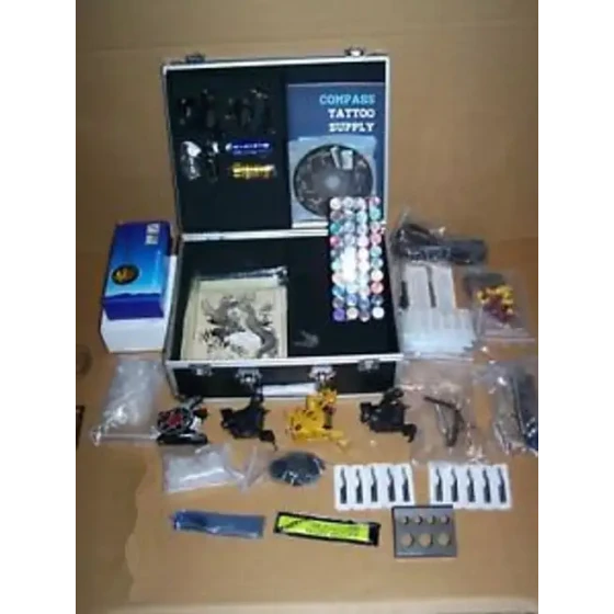 6 Tattoo Machine Kit-Complete-Needles-40 Ink-Power-Tips-Tubes-Grips-Skin-In Case