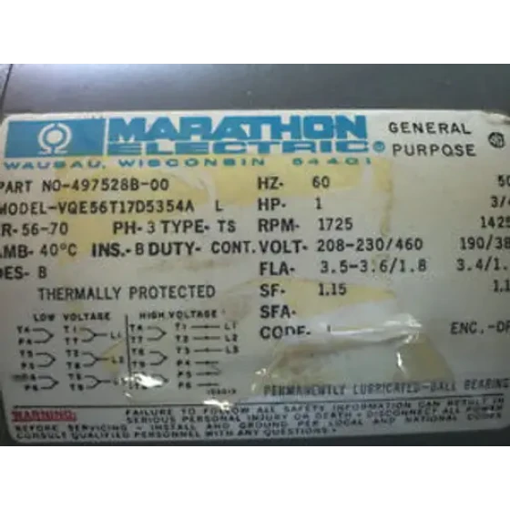 MARATHON ELECTRIC Gebläsemotor Modell: VQE56T17D5354A-L Einheit: 497528B-001hp 208-