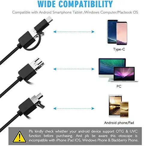USB Mobile Phone Endoscope Camera 5.5mm Three-in-one Waterproof Snake Shaped Camera Supports Android Computer Type-c/USB Interface Suitable for Android Phones PCs Laptops 16.4FT Cable Length