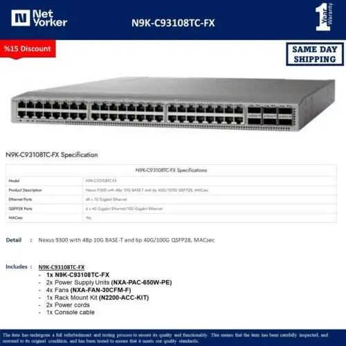 Cisco N9K-C93108Tc-Fx 48-Port 10Ge Copper 6X100Ge - Same Day ping