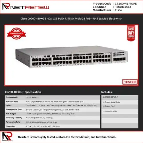 Cisco C9200-48Pxg-E Catalyst 40X 1Gb Poe+ Rj45 8X Multigb Poe+ Rj45 Switch