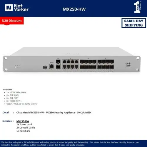 Cisco Meraki Mx250-Hw - Mx250 Security Appliance - Unclaimed - Same Day ping