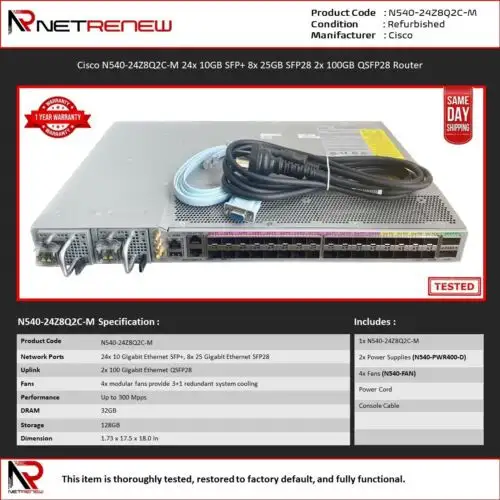 Cisco N540-24Z8Q2C-M 24X 10Gb Sfp+ 8X 25Gb Sfp28 2X 100Gb Qsfp28 Router Dc Pwr