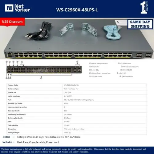 Cisco Ws-C2960X-48Lps-L 48 Port Poe+ Gigabit Switch - Same Day ping