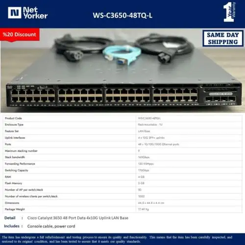 Cisco Ws-C3650-48Tq-L 48-Port Gigabit Ethernet W/ 4X 10G Sfp+ -Same Day ping