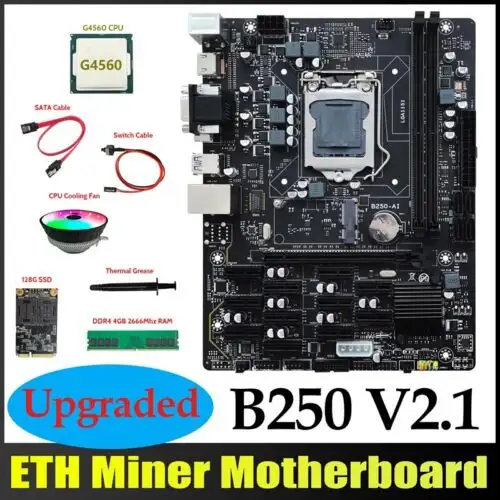 B250 V2.1 Miner Motherboard 12Pcie+G4560 Cpu+Ddr4 4Gb +128G Msata Ssd+Fan+ P5I2
