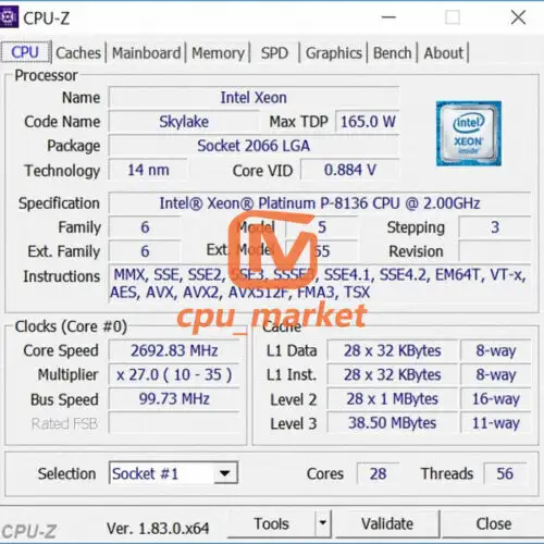 Intel Xeon Platinum P-8136 Oem Sr2Yn 2.0Ghz-3.5Ghz 28C 56T Lga3647 Cpu Processor
