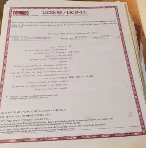 Digitial Dec License Pak Ql-Mt4Ag-6L Digital Unix Base Alphaserver 4100