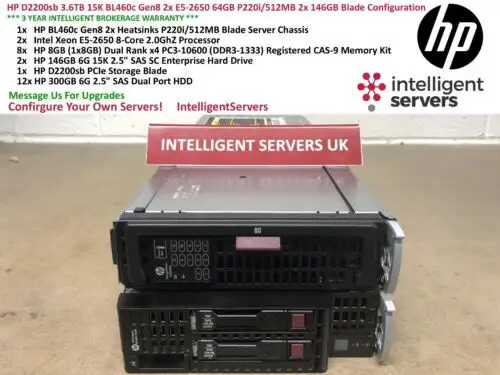 Hp D2200Sb 3.6Tb 6G Bl460C Gen8 2X E5-2650 64Gb 2X 146Gb 15K Blade Configuration