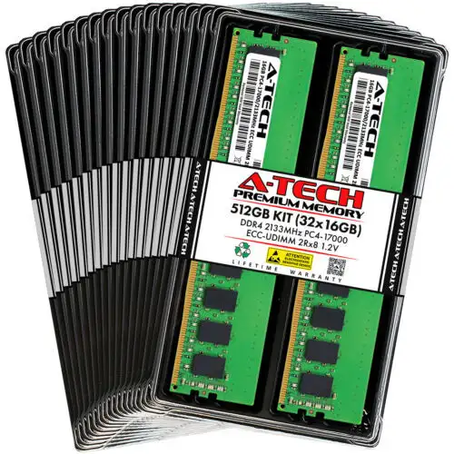 A-Tech 512Gb 32X 16Gb 2Rx8 Pc4-17000E Ddr4 2133 Mhz Ecc Udimm Server Memory Ram