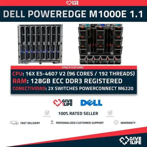 Poweredge M1000E 1.1 8X M820 4Sff 16X E5-4607 V2 (96 Core 192 Threads) 128Gb...-