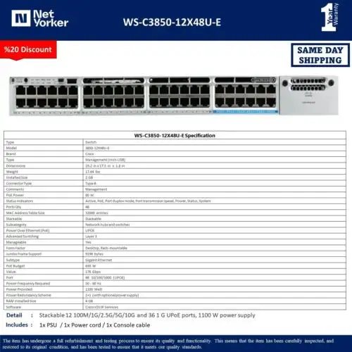 Cisco Ws-C3850-12X48U-E 48Port 12 Mgig+36 Gig Upoe Ip Services -Same Day p