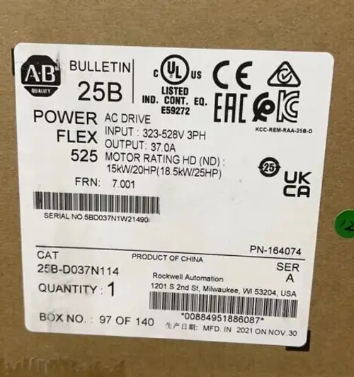 Allen-Bradley 25B-D037N114 Powerflex 525 18.5Kw 25Hp Ac Drive 25Bd037N114