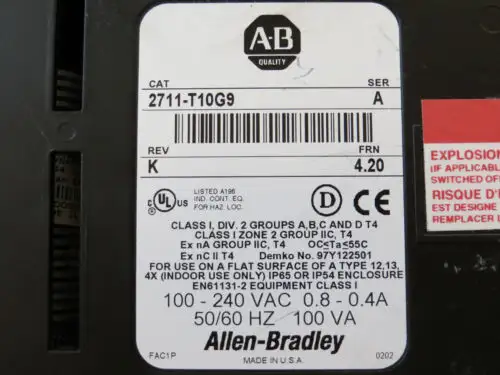Allen Bradley Panelview 1000 2711-T10G9/A Mono Touch Frn. 4.20 Lnc Cond.
