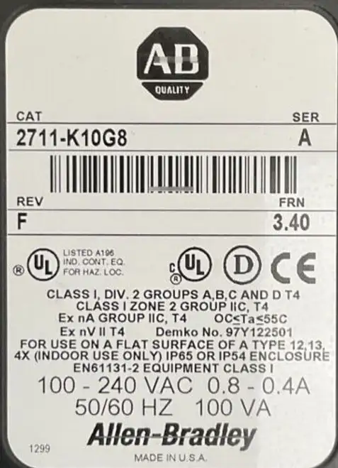 2711-K10G8 Allen Bradleypanelview 1000 Ser A Rev F Frn 3.40 100-240Vac 0.8-0.4A