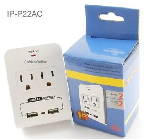 Cablesonline 2-Outlet 90-Joules Wall Tap W/ Dual-Usb 2.4Amp Charging Ports
