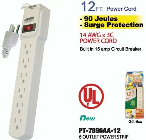 6 Outlet Power Strip With Surge Protection 12Ft Cord