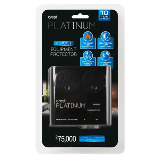 Crest Platinum Protector de sobretensiones Tarjeta de alimentación 2 tomas Antena de Tv Leds con conexión a tierra