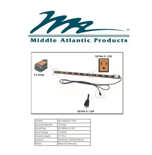 Middle Atlantic Pdt-1015C-Ns20 Barre d'alimentation 10 prises 15A 20¬Ä¬ô Cordon