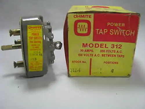 OHMITE 312-4 Rotary Power Tap Switch 30A 300VAC 4 Position 150 Volt Between Taps