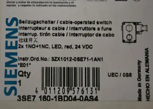 Siemens 3Se7160-1Bd04-0As4 Cable-Operated Switch - 3Se71601Bd040As4 -