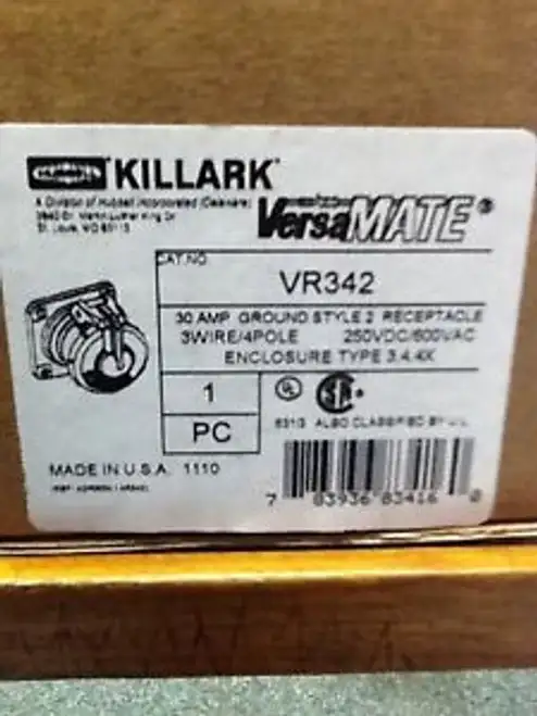 Vr342 Killark Receptacle . 30 Amp 3 Wire 4 Pole