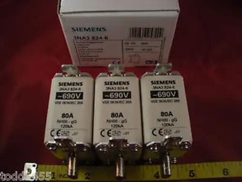 Siemens 3NA3 824-6 Pack of (3) Fuse Link 690v 80a VDE 0636/IEC 269 NH00 gG 120kA
