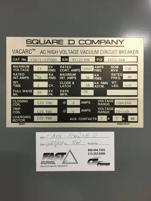 Square-D VACARC High Voltage Vacuum Circuit Breaker CAT# V3D72-33Y000 2000A