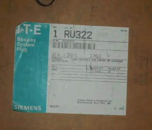 Rv322 Siemens Fusible Bus Plug 60A 240V 3W