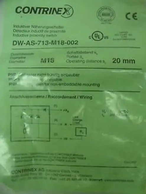 New Contrinex Proximity Sensor DW-AS-713-M18-002 3w PNP 10-30vdc QC 20mm