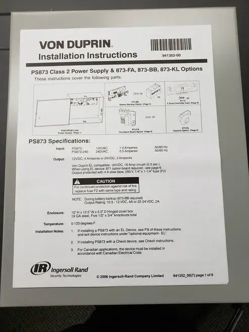 PS873 Class 2 Power Supply & 873-FA 873-BB 873-KL