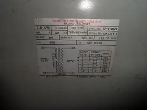 Ward Transformer Dry Type Transformer 480Volt Input 5-10 Output 200-286 Amp