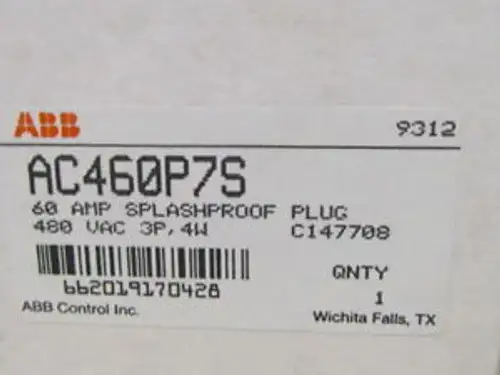 Abb Ac460P7S 60Amp 480Volt Splashproof Plug 3P 4W