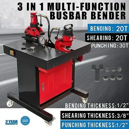 3-In-1Electric Hydraulic Busbar Bender 20-30 Ton 3/8 Thick 4 Casters Punching