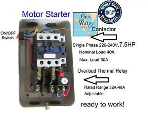 MAGNETIC MOTOR STARTER CONTROL 7.5 HP Single Phase 220/240V 32-48A+on/off switch