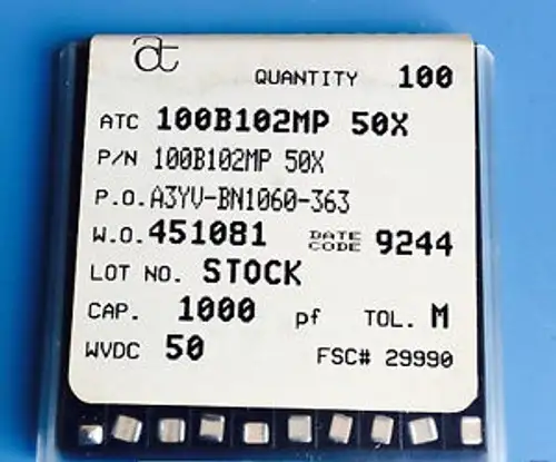 ATC100B102MP50X AMERICAN TECHNICAL CERAMICS RF MICROWAVE CAP 0.001UF 50V 20% SMD