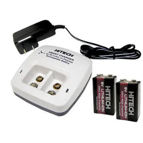 9v Smart Charger(2 Slots)+ 2 of Hitech Li600mAhRechargeableTech-Japan/USCEUL