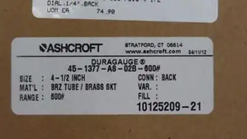 ASHCROFT DURAGAUGE 45-1377-AS-02B-600 Pressure Gauge 4.5 Range 0-600