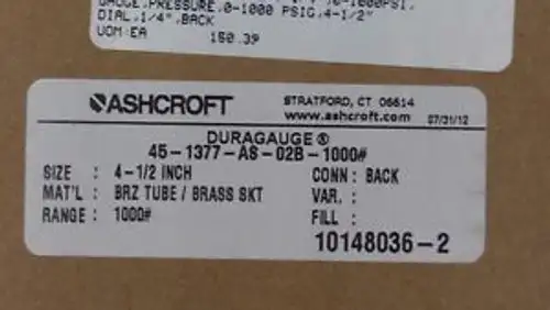 ASHCROFT DURAGAUGE 45-1377-AS-02B-1000 Pressure Gauge 4.5 Range 0-1000