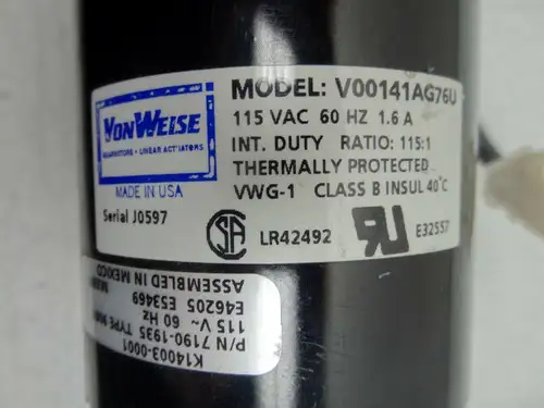 Von Weise Model: V00141AG76U Gear Motor Cybex Ratio: 115:1 115Vac 60Hz 1.6A