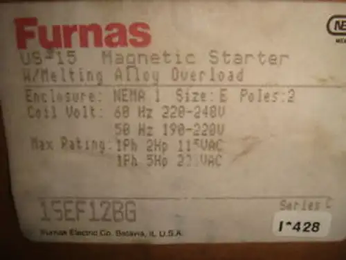Furnas Us-15 Magnetic Starter W Melting Alloy Overload 15Ef12Bg