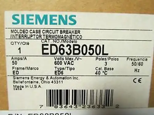 New Siemens 50 Amp 3 Pole Circuit Breaker Ed63B050L ............ Vj-31