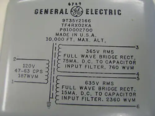 General Electric Transformer 9T35Y2166 Nsn: 5950-00-720-0866 Tf4Rx02Ka