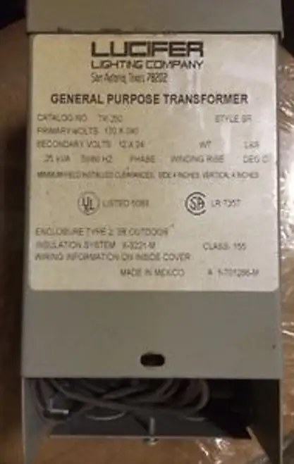 Lucifer Lighting Tk-250 Transformer 120-240V 1Phase 12-24V .25 Kva