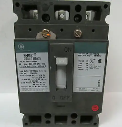 General Electric Hi Break Circuit Breaker 90 Amp 600V 3 Pole Thed136090 .. Vc-48
