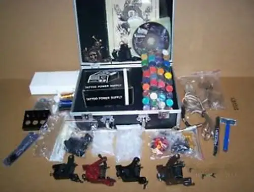 Tattoo Machine Complete Kit-Needles-40 Ink-Power-Tips-Tubes-Grips-Skin-In Case