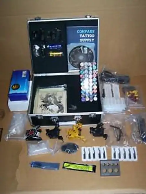 6 Tattoo Machine Kit-Complete-Needles-40 Ink-Power-Tips-Tubes-Grips-Skin-In Case